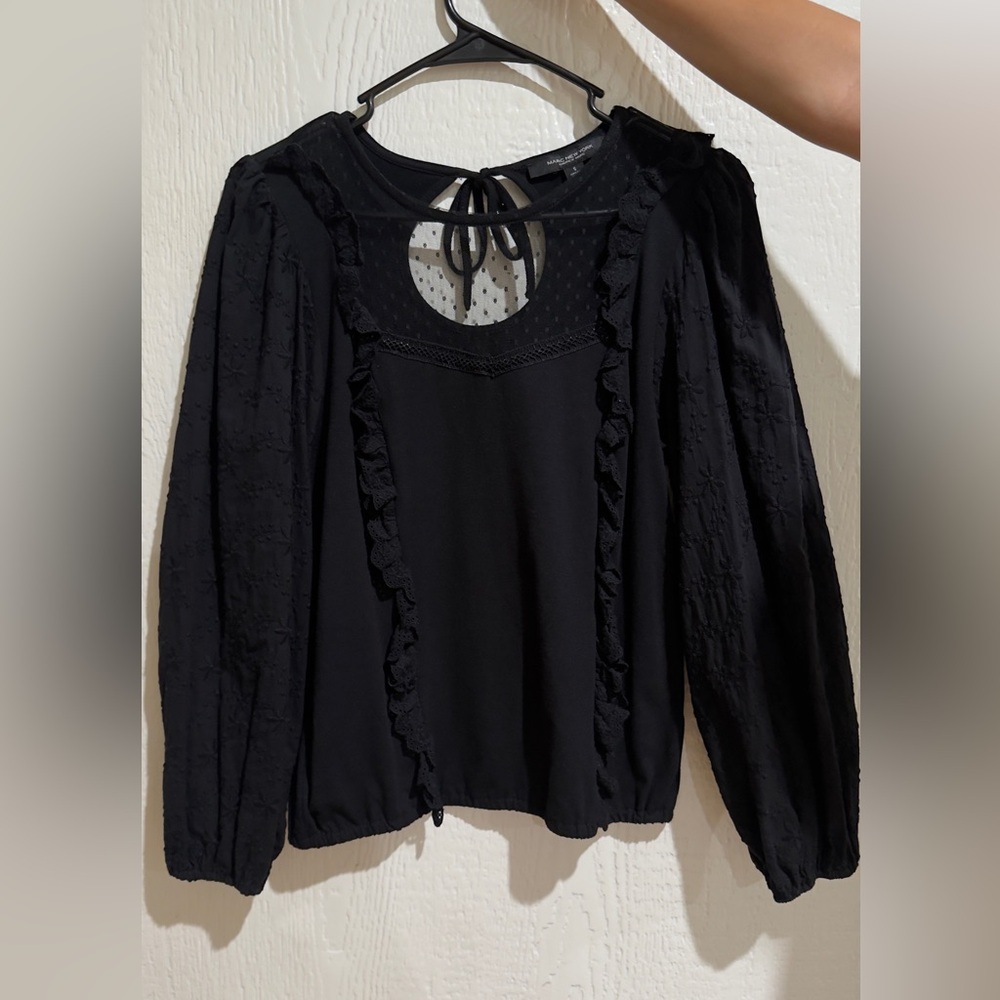 Marc New York Black Long Sleeve Ruffle-Trim Blouse